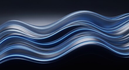 Obraz premium Abstract flowing silver wave structure illuminated by bright neon blue glowing light lines