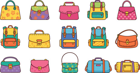 Vector flat cartoon illustration set of eighteen colorful handbags backpacks and briefcases for fashion and travel themes. © Mst Fateha Begum