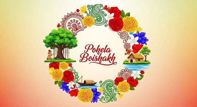 Pohela boishakh celebration greeting with traditional bengali elements