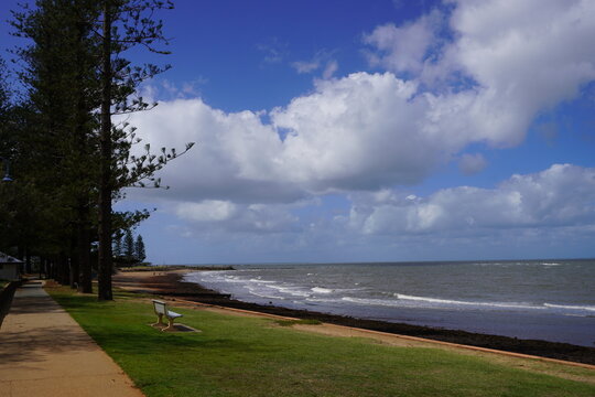 Seaside walkway with trees and bench along Redcliffe beach Queensland Australia coastal landscape