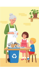 Obraz premium An elderly woman and two children sorting through paper for recycling in a room