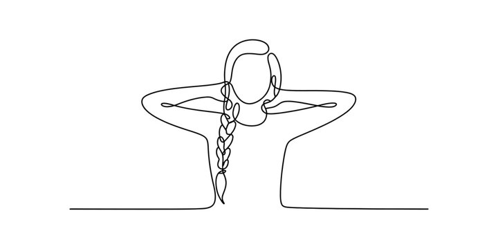 A minimalist single line drawing of a woman with a long braided hairstyle posing with arms raised Vector, illustration