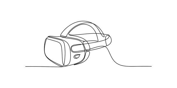 A single continuous line drawing of a virtual reality headset on a plain white background surface. Vector, illustration