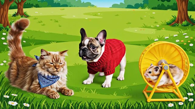 Adorable cartoon pets together in park cat dog hamster companionship friendship fun outdoors with cartoon style