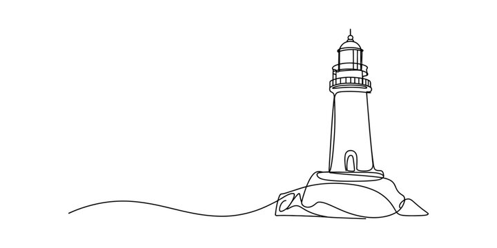 A continuous one line drawing of a tall lighthouse standing firmly on a rocky coastal cliff side Vector, illustration