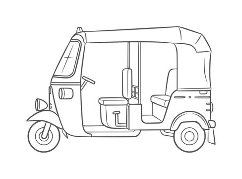 Line of a three wheeled auto rickshaw with canopy vehicle
