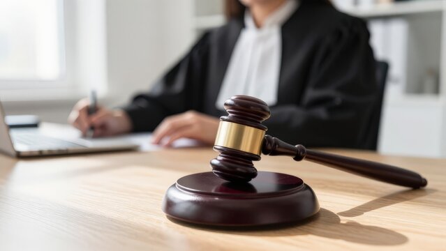 Legal Official With Gavel Overseeing Proceedings, Judicial Figure Wearing Gown Commanding Courtroom Environment, Gowned Judge Wielding Gavel Supervising Legal Courtroom Activities