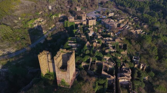 Aerial view from a drone of the abandoned village of Ruesta on the Yesa reservoir in the Cinco Villas region of the province of Zaragoza, Aragon, Spain, Europe
