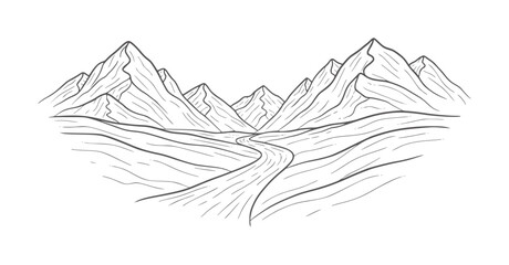 Winding river flowing through a mountain valley landscape mountains nature © Mehedy
