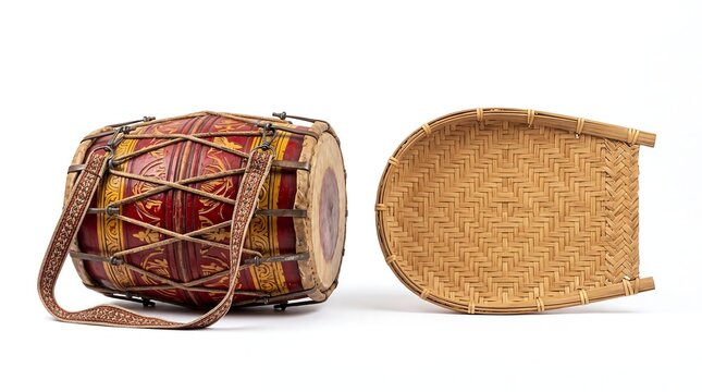 Traditional indian dhol drum and a bamboo winnowing basket isolated on white background