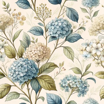 Seamless pattern of vintage hydrangea flowers and botanical leaves in watercolor style, elegant floral background for textiles and wallpaper.