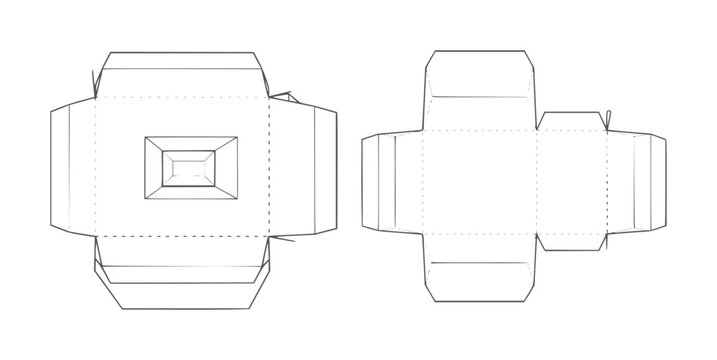 Two unfolded box templates with dashed fold lines and solid cut lines packaging layout