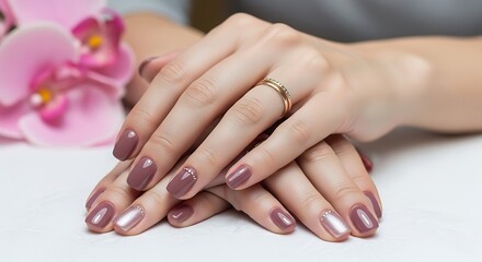 Fototapeta premium Womans hands with manicured nails and gold ring on white surface