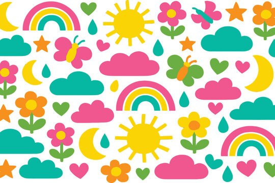 rainbow pattern, weather seamless background, cute sun clouds design, colorful kids pattern, cartoon sky elements, kawaii rainbow illustration, nursery wallpaper, cheerful nature pattern, playful weat