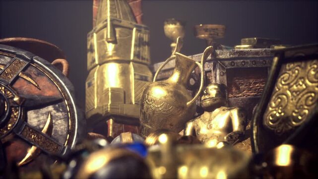 helm, amphora and scattered coins compose coastal hoard scene, weathered metal and encrusted gems suggest long voyage cargo reclaimed by dive team under muted