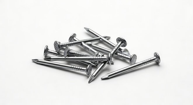 Pile of silver metal nails on isolated white background
