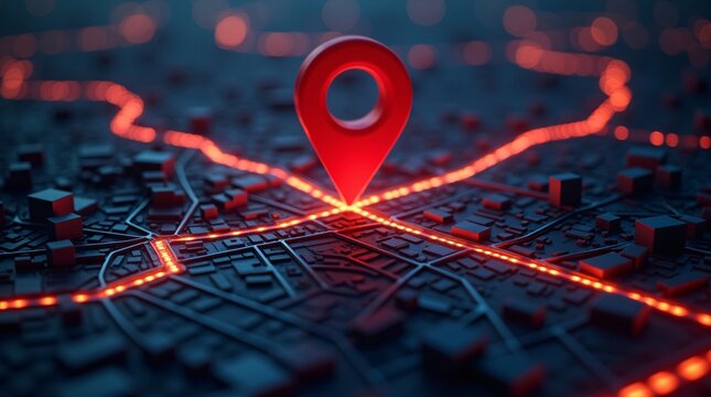Futuristic City Map with Glowing Red Location Pin