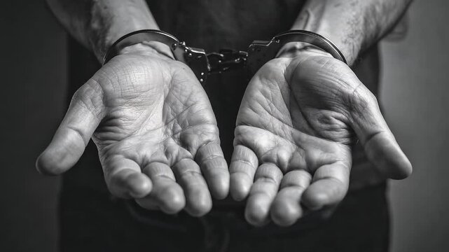 Monochrome image of male hands cuffed together symbolizing imprisonment and loss of freedom