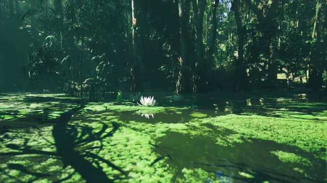 Calm pond with waterlilies and soft sunlight, flat reflective surface dotted with blooms, serene botanical scene perfect for meditation and nature study