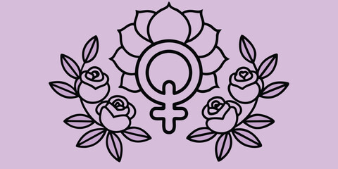 Female gender symbol with lotus flower and roses line on lavender background © garin