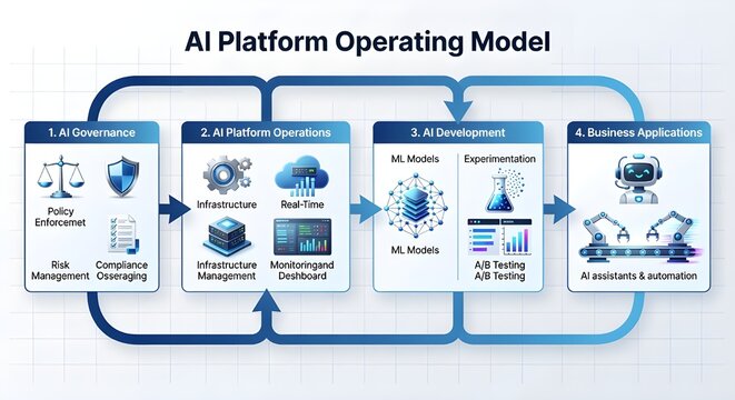 AI Platform operating model diagram illustrating AI governance, platform operations, development, and business applications - technology isometric infographics vector illustration