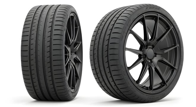 High-performance car tires mounted on stylish alloy wheels for optimal road grip.