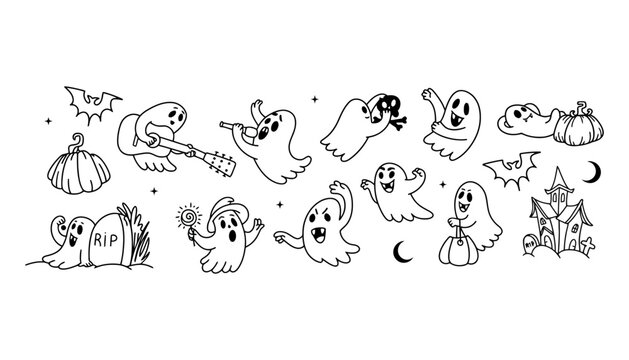Ghost Halloween icon set with various cartoon spooky characters and symbols