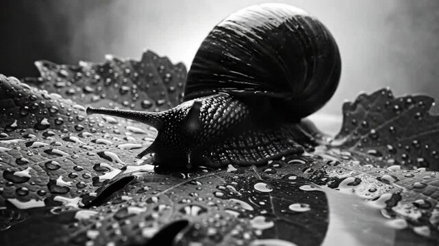 Black and white close up of a snail resting on a wet leaf with many water droplets and a blurred background