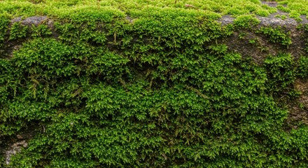 Obraz premium Vibrant green moss texture covering an old stone wall creating a beautiful natural background pattern