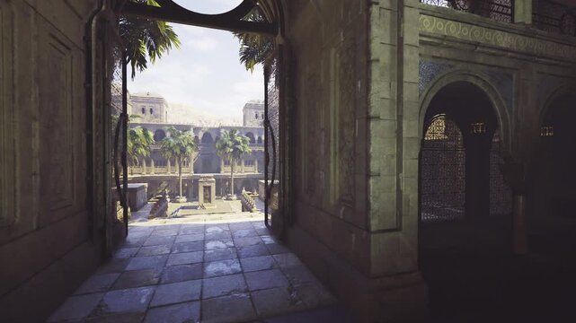 Open trellised courtyard bathed in warm sun with palm shadows and patterned lattice rooftop details and textured stone suggest rooftop garden or private palace