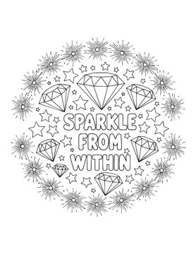 Adult coloring page with positive affirmations and diamonds for mindful relaxation isolated on transparent background