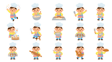 Fototapeta premium A vibrant set of cartoon illustrations featuring a joyful young boy chef enthusiastically engaged in diverse baking activities, from ingredient preparation to creating delicious treats