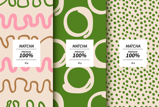 Premium matcha green tea packaging design templates with abstract hand-drawn doodle patterns. Set of product labels with pink and green seamless backgrounds for cosmetic, food or drink branding.