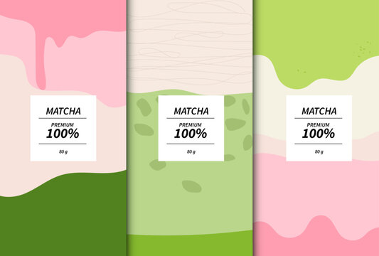 Premium matcha green tea packaging design templates with abstract hand-drawn doodle patterns. Set of product labels with pink and green seamless backgrounds for cosmetic, food or drink branding.
