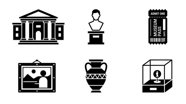 Comprehensive collection of museum and cultural exhibition icons representing art, history, and visitor experiences. Perfect for educational and informational design elements