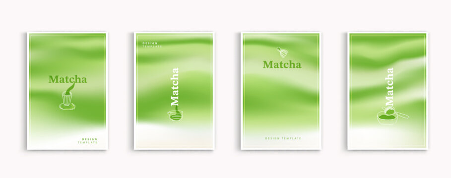 Matcha green tea vector design template set with blurred soft green gradient background and hand drawn line art icons. Minimalist cover illustration for cafe menu, drink packaging, poster and flyer.