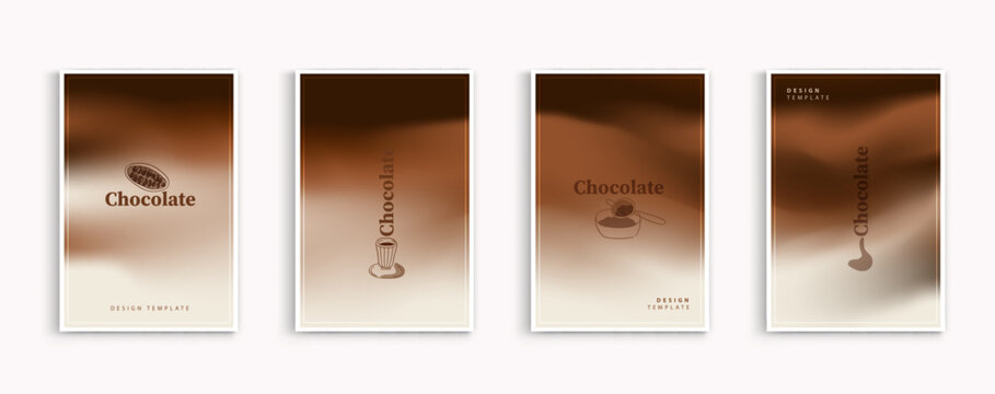 Minimalist chocolate design template set with blurred brown gradient background and hand drawn line art cocoa icons. Vector cover illustration for cafe menu, bakery packaging, poster, flyer and story.