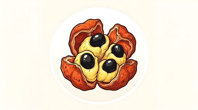 Ackee Fruit Illustration on Round Background, National Fruit of Jamaica Vector Art, Open Red Pod with Black Seeds and Yellow Arils, Tropical Exotic Fruit Design