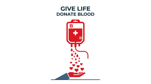 Conceptual illustration promoting the selfless act of blood donation, symbolizing life-giving generosity as blood transforms into hearts flowing from a donor bag into open, caring hands