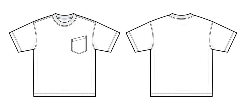 Oversized Boxy Crew Neck T-Shirt with Asymmetrical Patch Pocket Technical Fashion Illustration. Relaxed Fit Short Sleeve Tee Vector Template CAD Mockup