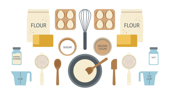 Flat lay illustration of essential baking ingredients and kitchen tools arranged for preparing a homemade dessert, showcasing the process of creating delicious baked goods from scratch
