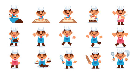 Fototapeta premium Adorable cartoon chef character illustrations depicting a delightful array of baking and culinary activities, perfect for menus, apps, and fun food-related designs