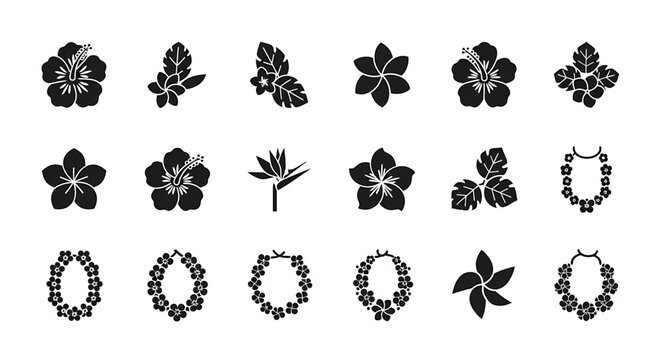 Elegant tropical flower and Hawaiian lei silhouette icons. This versatile vector collection perfectly embodies island paradise concepts for vibrant graphic design, adding an exotic flair