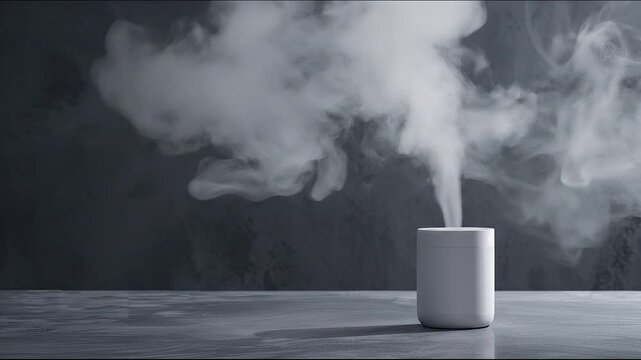 A white cylindrical device expels white vapor in a dark grey room with a textured wall