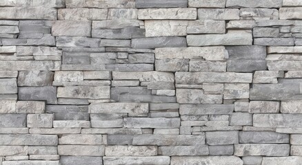 Obraz premium A neatly stacked gray stone wall with rectangular and square-shaped stones of varying sizes and textures.