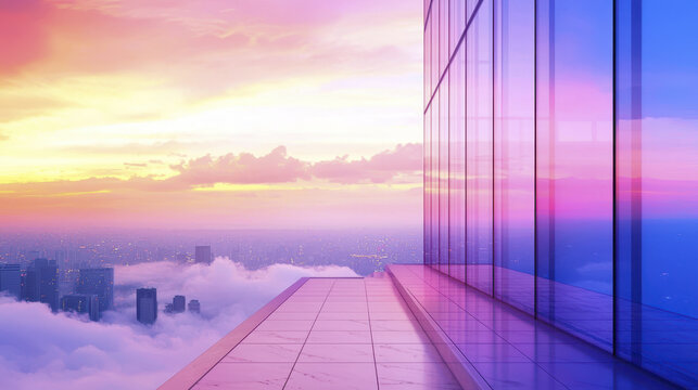 Stunning view of modern building with glass walls overlooking vibrant sunset sky filled with clouds. colors create serene