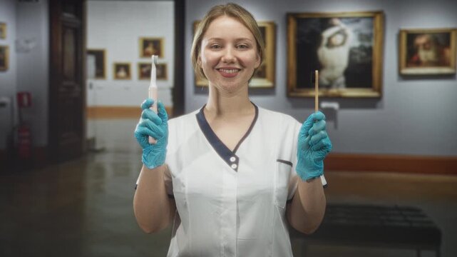 Woman dentist wearing uniform and blue gloves holding electric and bamboo toothbrushes in museum gallery smiling; educational contrast.