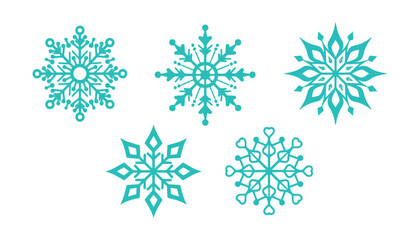 Fototapeta premium Snowflake icons set of five teal colored symmetrical winter designs