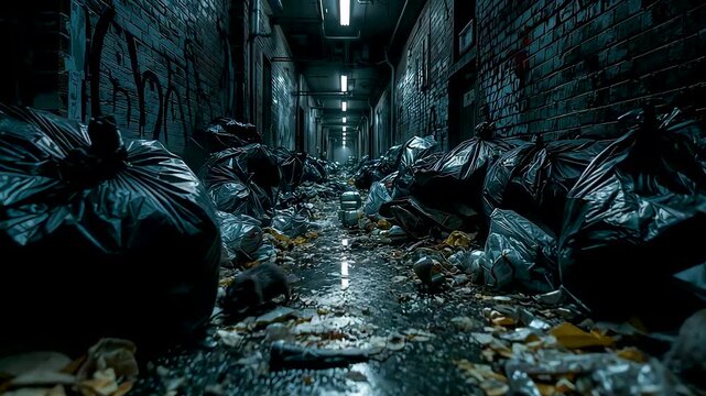 Dark narrow alley filled with overflowing garbage bags, wet trash-strewn floor, grimy walls, and dim overhead lighting evoking urban decay