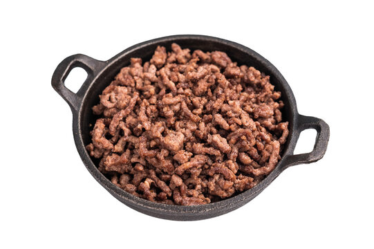 Fried ground beef and pork meat, fresh cooked mince in a skillet isolated on white background